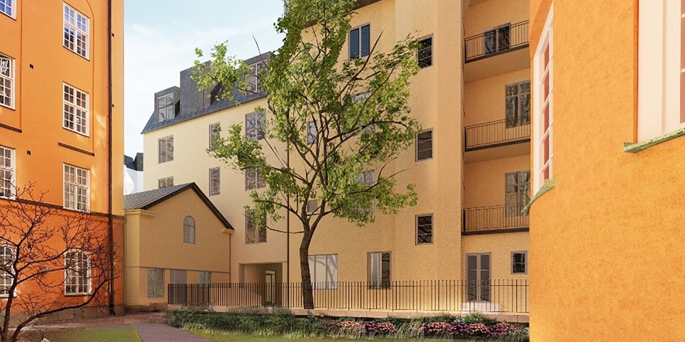 Innergård mellan flerbostadshus i gult, träd, fotomontage.